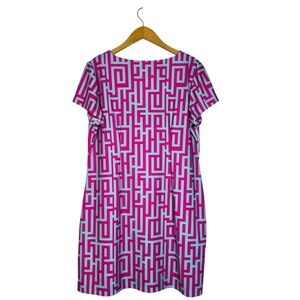 Britt by Britt Ryan Pink Blue Shift Dress Sz LG Nylon/Spandex V Neck Pockets